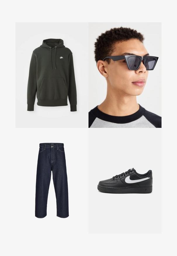 Zaļš kapuci džemperis, kas izgatavots no mīkstas auduma, ar kangarū pugu, šņorēm un mazu baltu Nike logotipu kreisajā krūtīs.; Tumši zili džinsu platā kāju bikses ar vidēju jostas augstumu, kurām ir dzeltenās šuves, priekšējais pogu aizdare un klasiskā piecu kabatu dizains.; Melni Nike Air Force 1 kedai ar gludu ādas virsu, balti logotipa akcenti, perforētu purngals un teksturēta gumijas zole.; Melna leņķainu saulesbrilles ar tumšiem stikliem, ar drosmīgu ģeometrisku dizainu un matētu apdari. Valkā persona ar īsiem matiem.