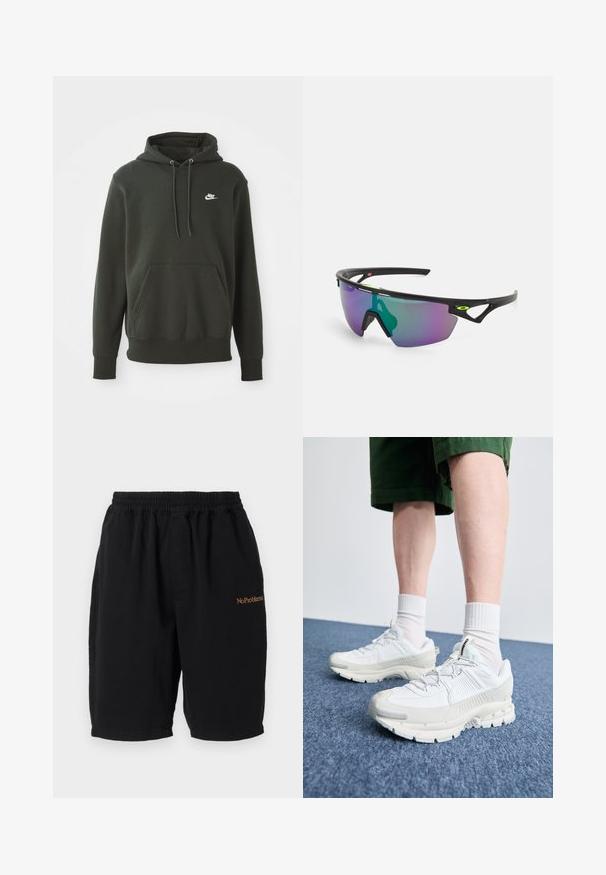 Grøn hoodie lavet af blødt stof, med et kængurulomme, snore og et lille hvidt Nike-logo på venstre bryst.; Sorte bomulds shorts med elastisk linning, lige snit og sidelommer. Funktioner "No Problemo" broderet i orange foran.; Hvide atletiske sko med teksturerede overlays, en chunky sål og grå accenter. Båret med hvide ankelstrømper og grønne shorts på en blå overflade.; Sports solbriller med en sort ramme, store gradient linser med lilla og grønne nuancer, samt vinklet design med logo detaljer.
