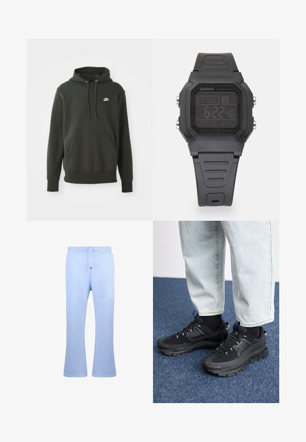 Vihreä huppari pehmeästä kankaasta, jossa on kengurupussi, narut ja pieni valkoinen Nike-logo vasemmassa rinnassa.; Dropsize OPEN LEG - Verryttelyhousut - babyblue; Mustat urheilukengät, joissa on teksturoitu kangas ja kumipohjat, elastiset nauhat ja sininen yksityiskohta kannassa. Yhdistetty vaaleisiin farkkuihin.; Digitaalinen kello, jossa on suorakulmainen musta muovikotelo, LCD-näyttö, joka näyttää kellonajan, päivämäärän ja hälytyksen, sekä teksturoitu musta kumihihna. Vedenkestävä 100 metriin saakka.