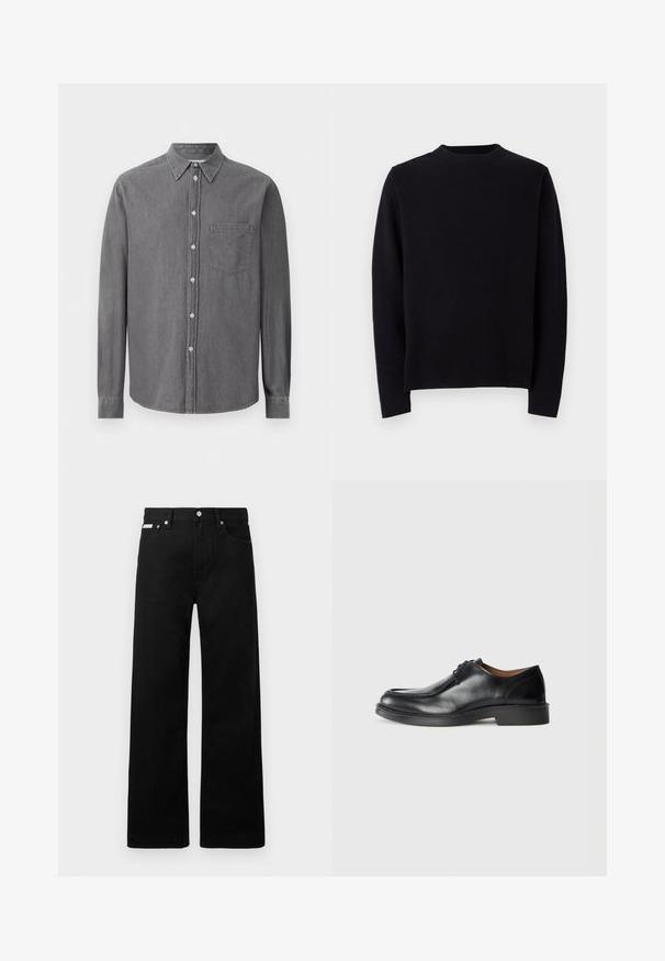 Čierny pletený sveter s dlhými rukávmi, okrúhlym rebrovaným výstrihom a rovný strih. Hladká textúra bez viditeľných vzorov či akcentov.; Šedá dlhá košeľa s gombíkmi vyrobená z mäkkého materiálu, s klasickým golierom, jednou vreckom na hrudi a štandardným zapínaním na gombíky.; Čierne džínsy s širokými nohavicami, obsahujúce päť vreciek a kovové zapínanie. Hladká textúra, bez viditeľných vzorov.; Čierne kožené spoločenské topánky s округlým špičkou, hladkým povrchom, šnúrkovými detailmi a nízkou, textúrovanou gumovou podrážkou. Čisté línie a minimalistický dizajn.