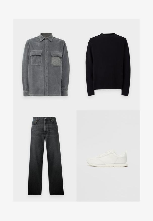 Juodas megztinis su ilgomis rankovėmis, apvaliu raukšlėtu kaklu ir tiesiu kirpimu. Lygus paviršius be matomų raštų ar akcentų.; Pilkas korduroy marškinis su mygtukų užsegimu priekyje, dviem krūtinės kišenėmis ir tekstūruota paviršiumi su vertikaliomis briaunomis.; Juodi džinsai su tiesiogiais kojų kirpimais, turintys penkis kišenes ir mygtuko užsegimą. Audinys turi šiek tiek blizgesio ir matomą tekstūrą.; Balti sportbačiai su tinkline ir sintetine viršutine dalimi, apvaliu nosiu, plokščiomis raištelėmis ir tekstūruota šonine juosta. Guma, kurios padas su vilkimo kilpute gale.