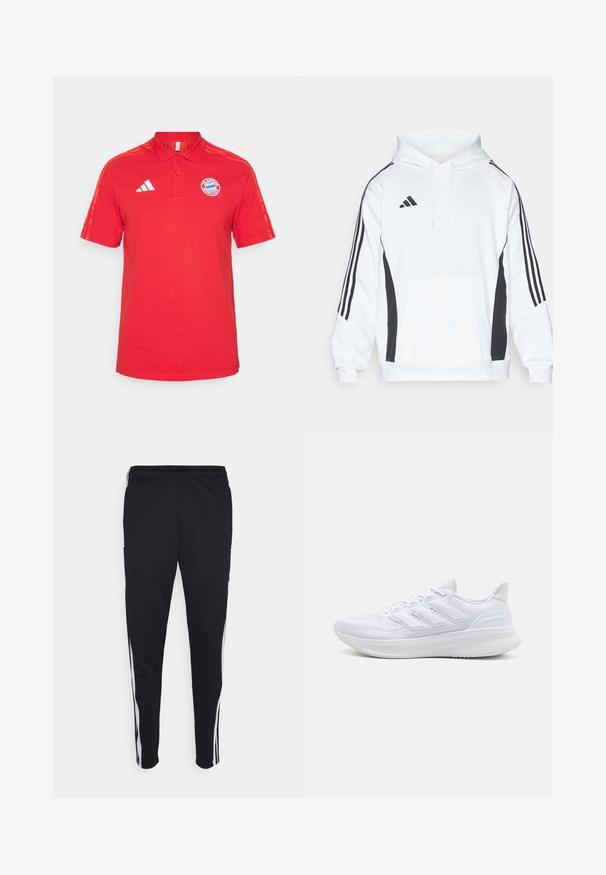 Felpa bianca con pannelli laterali neri, tasca frontale e cappuccio con cordino regolabile. Presenta tre strisce nere lungo ciascun maniche.; Polo shirt in cotone rosso con colletto, maniche corte, tre righe bianche sulle spalle e logo del Bayern Monaco sul petto.; Pantaloni sportivi neri con una vestibilità rilassata, con strisce bianche sui lati, vita con cordoncino e due tasche laterali. Realizzati in tessuto morbido.; Scarpe sportive bianche con tomaia in mesh texturato, suola ammortizzata e supportiva, e design a tre strisce sul lato.