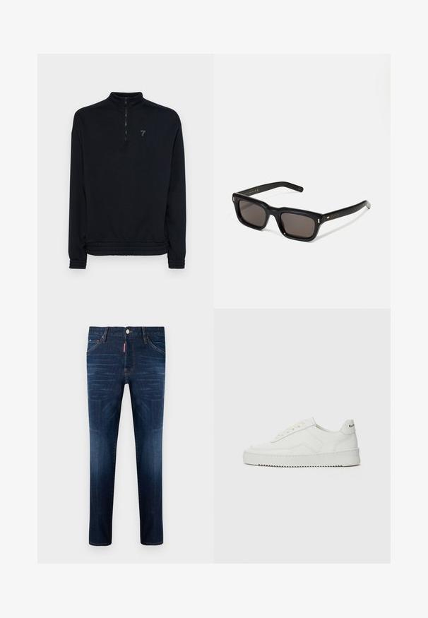 Musta vetoketjullinen huppari, jossa on korkea kaulus, joustavat hihat ja helma. Rinnassa on hillitty logo. Pehmeä, teksturoitu materiaali.; Tummansiniset farkut suoralla leikkauksella, etutaskuilla ja pienellä punaisella logotarralla. Sisältävät hienovaraisia kulumia ja kontrastitikkauksia.; Valkoinen nahkakenkä, jossa on sileä pinta, pyöreä kärki, tasaiset nauhat ja teksturoitu pohja. Sisältää huomaamattoman logon kantapäässä.; Mustat suorakulmaiset aurinkolasit tummilla linsseillä, paksu muovikehys, kultaiset korostukset temppeleissä ja brändin logo kaiverrettuna varteen.