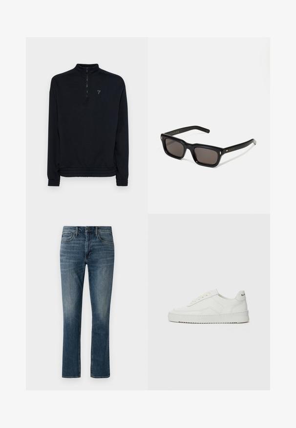 Svart zip-up sweatshirt med hög krage, elastiska ärmslut och nederkant. Har en subtil logotyp på bröstet. Mjukt, strukturerat material.; Mörkblå denimjeans med rak benmodell. Funktioner inkluderar framfickor, knappstängning och subtila blekningar vid låren.; Vita lädersneakers med en jämn yta, rund tå, platta snörningar och en strukturerad sula. Har en diskret logotyp på hälen.; Svarta rektangulära solglasögon med mörka linser, tjock plastbåge, guldfinish på skalmarna och varumärkeslogotyp graverad på armen.