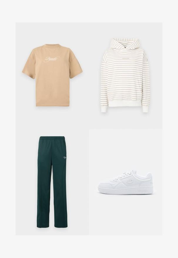 Hanorac cu dungi în crem și bej, având glugă cu șnur, mâneci cu bordură și o buzunar frontal tip kangaroo. Textul "Pecador" brodat.; Tricou din bumbac bej, cu mâneci scurte, guler rotund și text alb scris cursiv pe față care spune "Visurile Pegador devin realitate."; Pantaloni de trening verde închis, dintr-un material moale, cu o talie elastică și cusături laterale, având un mic logo pe față.; Adidași alb cu design din material sintetic neted, având vârf rotund, talpă plată și accente subtile cu logo pe laterale. Design clasic de tip low-top.