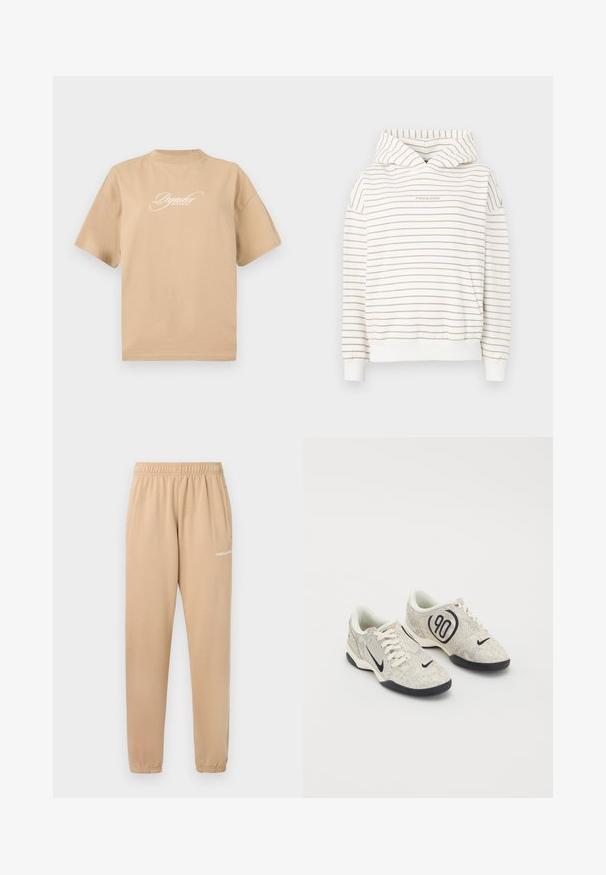Pruhovaná mikina v krémovej a béžovej farbe, so sťahovacou kapucňou, rebrovanými manžetami a prednou klokankou. Vyšité text "Pecador".; Béžové bavlnené tričko s krátkymi rukávmi, okrúhlym výstrihom a bielym kurzívou napísaným textom vpredu, ktorý hovorí "Pegador Sny sa plnia."; Béžové tepláky s elastickým pásom, zúženými nohavicami a bočnými vreckami. Na ľavom stehne sa nachádza malý biely text "PEGADOR".; Nike tenisky s béžovým a šedým štruktúrovaným zvrškom, čiernymi akcentmi, veľkým logom "90" a bielym šnurovaním. Čierna podrážka.