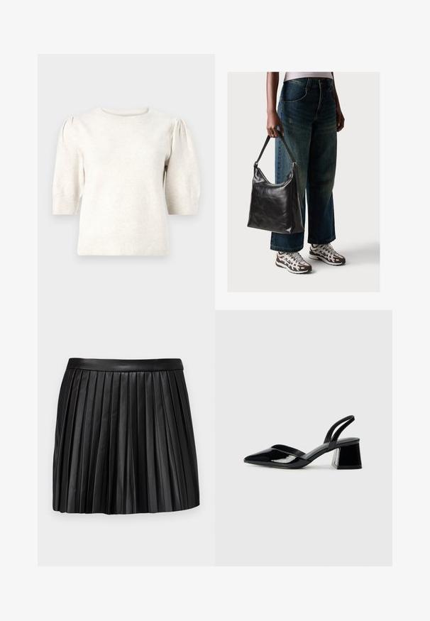 Krem svijetlopinkasti pulover kratkih rukava napravljen od mekog pletenog materijala, s okruglim izrezom, napuhanim ramenima i rebrastim rubovima na dnu i rukavima.; Crna kožna mini suknja s nabranim detaljima i glatkim pojasom, koja se ističe vertikalnim naborima i čistim, strukturiranim dizajnom.; Crne lakirane kožne sandale s otvorenom petom i špicastim vrhom, s geometrijskom blok petom. Imaju elegantan, minimalistički dizajn i glatku teksturu.; Crna kožna torba za rame s glatkom teksturom i podešivim remenom, u kombinaciji s izblijedjelim širokim trapericama i sportskim tenisicama.