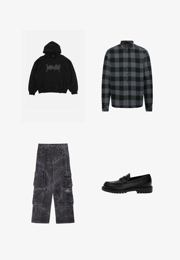 Schwarzer Hoodie aus Baumwolle, mit einer Fronttasche, verstellbarem Kapuzenzug und einem grafischen Logo auf der Brust. Lockerer Schnitt mit gerippten Bündchen.; Grau- und schwarz kariertes Flanellhemd mit langen Ärmeln, Button-Down-Kragen und Vorderknöpfen. Weiche Textur mit lockerer Passform.; Cargo-Hosen aus dunkelgrauem Denim mit marmorierter Struktur. Verfügt über mehrere Seiten Taschen und kontrastierende Nähte. Weit geschnitten.; Schwarze Lederloafers mit runder Zehenform, ausgestattet mit einem Zweistreifen-Design, strukturiertem Nähen und einer stabilen Gummisohle.