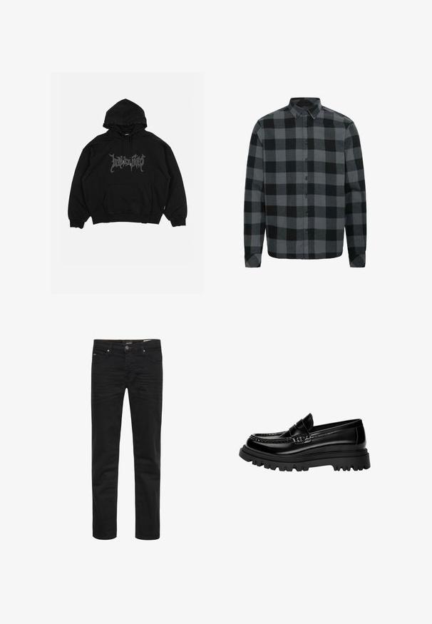 Fekete kapucnis pulóver, pamutból készült, elülső zsebből, húzózsinóros kapucniból és mellkason elhelyezett grafikus logóból áll. Laza szabású, bordázott mandzsettákkal.; Szürke és fekete kockás flaneling hosszú ujjal, gombos gallérral és elől gombokkal. Puha tapintású, laza szabású.; Fekete farmernadrág slim fit fazonban. Jellemzői közé tartozik öt zseb, gombos zárás és diszkrét varrási részletek. Az anyag összességében sima tapintású.; Fekete fényes bőr loaferek, texturált csíkkal, masszív fekete gumitalppal, mély barázdákkal és klasszikus mokaszin formával.