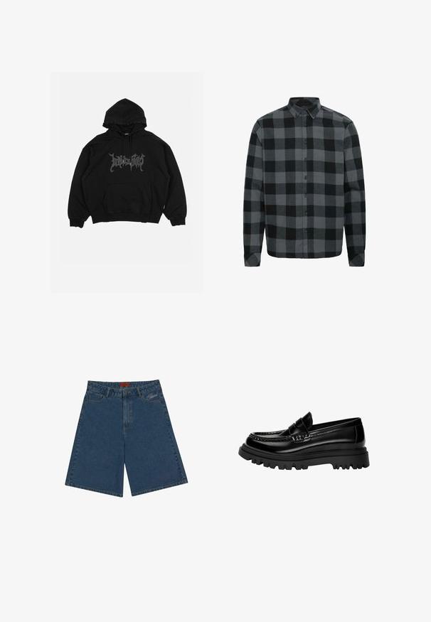 Fekete kapucnis pulóver, pamutból készült, elülső zsebből, húzózsinóros kapucniból és mellkason elhelyezett grafikus logóból áll. Laza szabású, bordázott mandzsettákkal.; Szürke és fekete kockás flaneling hosszú ujjal, gombos gallérral és elől gombokkal. Puha tapintású, laza szabású.; Sötétkék farmert nadrág, közepes derékkal, patentgombos záródással, elülső zsebekkel és hímzett logóval a bal oldalon.; Fekete fényes bőr loaferek, texturált csíkkal, masszív fekete gumitalppal, mély barázdákkal és klasszikus mokaszin formával.