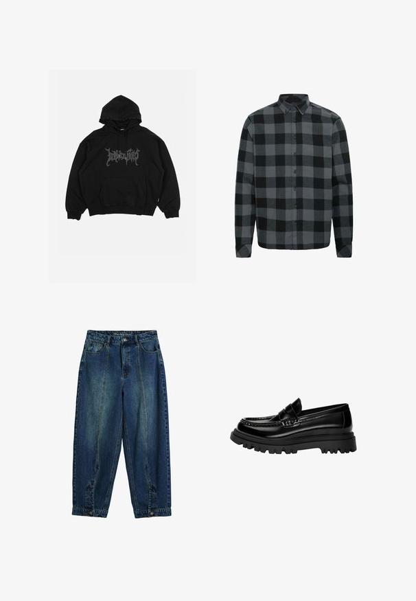 Crna majica s kapuljačom napravljena od pamuka, s prednjim džepom, kapuljačom s uvojcima i grafičkim logotipom na prsima. Dizajn u slobodnom kroju s rebrastim manžetama.; Siva i crna karirana flanel košulja s dugim rukavima, ovratnikom na dugme i prednjim dugmadi. Mekana tekstura s opuštenim krojem.; Traperice s klasičnim plavim pranjem, visokim strukom, širokim krojem, prednjim i stražnjim džepovima te kopčanjem na gumbu u struku.; Crne sjajne kožne loafers cipele s teksturiranim remenom, koje imaju masivnu crnu gumenu petu s dubokim utorima i klasični mokasinski dizajn.