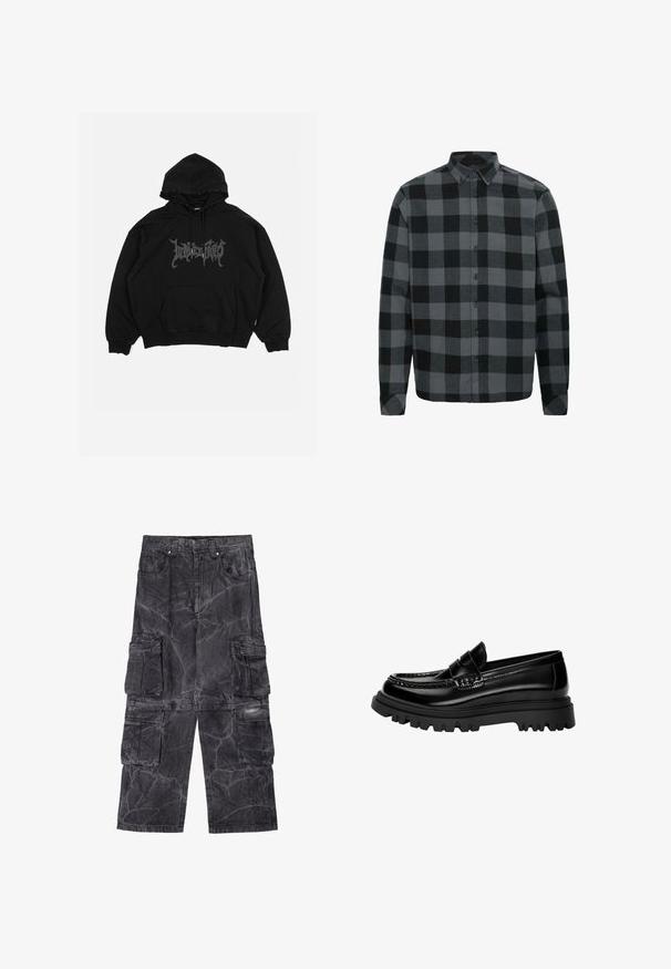 Črna kapuca iz bombaža, z sprednjim žepom, kapuco s vezalkami in grafičnim logotipom na prsih. Ohlapen kroj z rebrastimi manšeti.; Siva in črna karirasta flanelasta srajca z dolgimi rokavi, gumbasto ovratnikom in sprednjimi gumbi. Mehak material z ohlapnim krojem.; Cargo hlače v temno sivi denimu z mramornim vzorcem. Imajo več stranskih žepov in kontrastne šive. Oblika širokih hlač.; Črne sijajne usnjene mokasine z teksturiranim trakom, ki imajo robusten črn gumijast podplat z globokimi utori in klasično mokasinsko zasnovo.