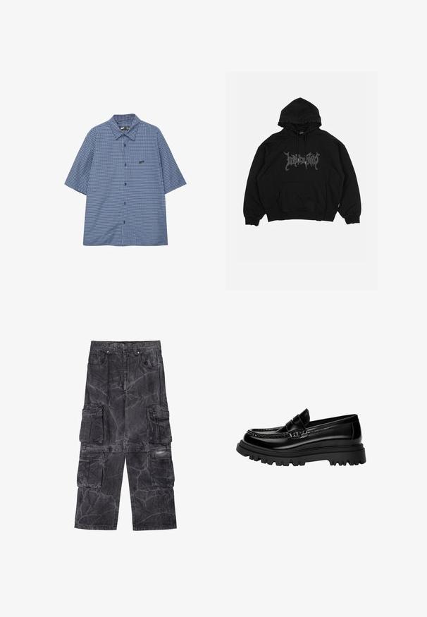 Felpa nera in cotone, con tasca frontale, cappuccio con cordino e logo grafico sul petto. Design dal taglio morbido con polsini a coste.; Camicia a maniche corte, con bottoni, in un motivo a quadri blu, caratterizzata da un colletto all'italiana e un piccolo logo nero sul lato sinistro del petto. Tessuto in misto cotone.; Pantaloni cargo in denim grigio scuro con texture marmorizzata. Presentano più tasche laterali e cuciture a contrasto. Design a gamba larga.; Mocassini in pelle nera lucida con una fascia testurizzata, dotati di una robusta suola in gomma nera con scanalature profonde e un design classico.