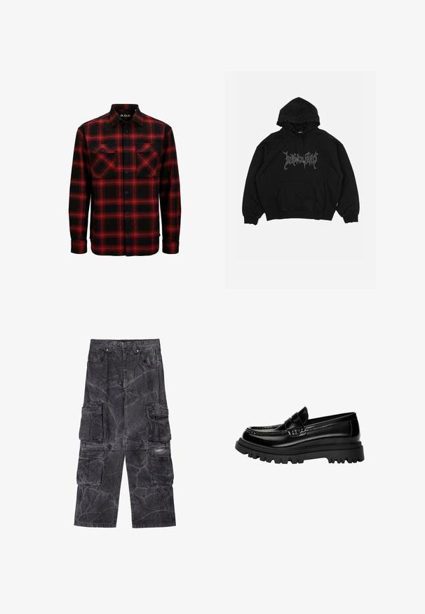 Sort hættetrøje lavet af bomuld, med en lomme foran, snøre i hætten og et grafisk logo på brystet. Løs pasform med ribbede mansjetter.; Rød og sort ternet flannelskjorte med to brystlommer, knaplukning foran og krave. Fremstillet af blødt, tekstureret stof.; Cargo bukser i mørkegrå denim med en marmorering. Har flere sidelommer og kontrasterende syninger. Bred ben-design.; Sorte, glossy læder loafers med en tekstureret rem, der har en kraftig sort gummisål med dybe riller og et klassisk mokasindesign.