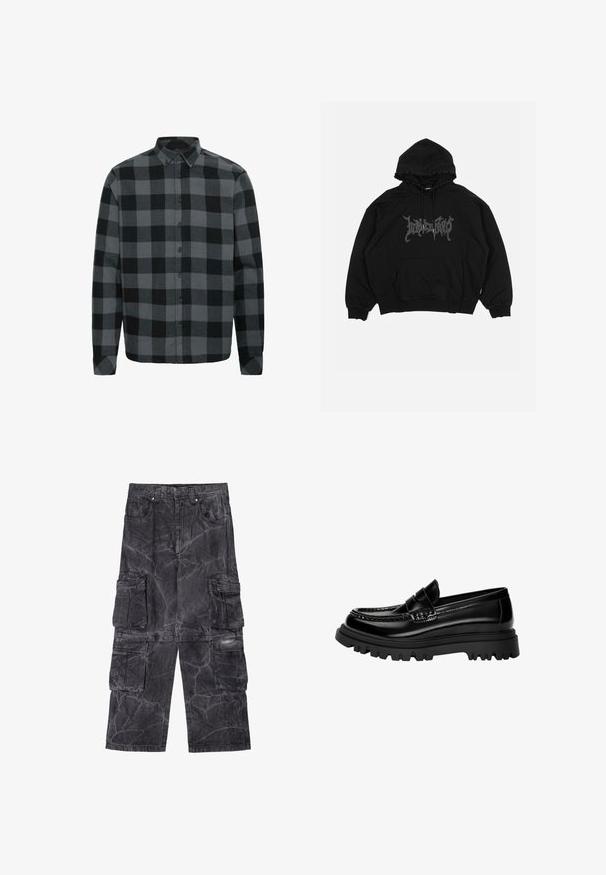 Zwarte hoodie van katoen, met een voorkant zak, een capuchon met trekkoord en een grafisch logo op de borst. Losse pasvorm met ribgebreide manchetten.; Grijs en zwart geruit flanellen shirt met lange mouwen, button-down kraag en knopen aan de voorkant. Zachte textuur met een relaxte pasvorm.; Cargo shorts in donkergrijze denim met een gemarmerde textuur. Bevat verschillende zijzakken en contrasterende stiksels. Wijde pijpontwerp.; Zwarte glanzende leren instappers met een gestreepte band, uitgerust met een stevige zwarte rubberen zool met diepe profiel en een klassiek moccasinstijl.