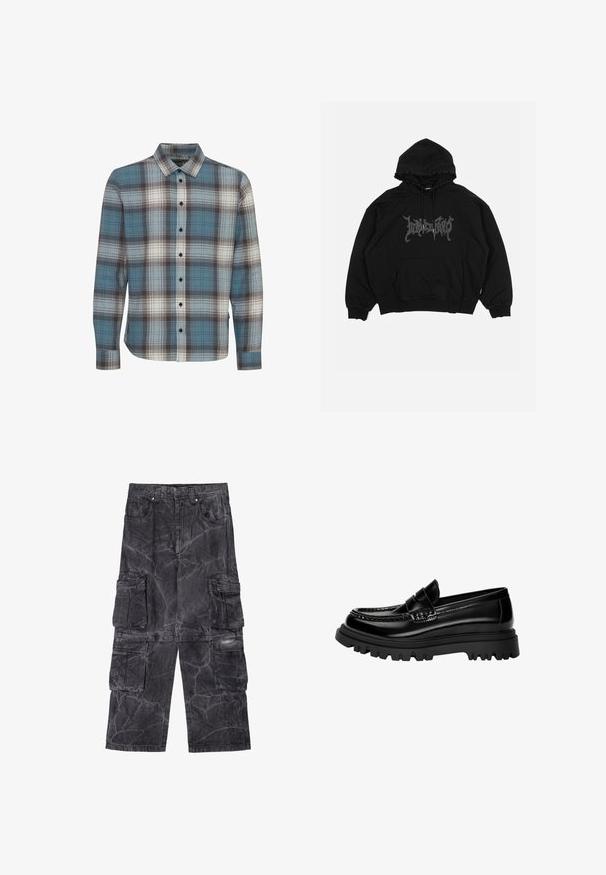 Felpa nera in cotone, con tasca frontale, cappuccio con cordino e logo grafico sul petto. Design dal taglio morbido con polsini a coste.; Camicia a maniche lunghe a quadri con colori blu, bianco e marrone. Realizzata in un tessuto morbido con colletto standard e chiusura a bottoni.; Pantaloni cargo in denim grigio scuro con texture marmorizzata. Presentano più tasche laterali e cuciture a contrasto. Design a gamba larga.; Mocassini in pelle nera lucida con una fascia testurizzata, dotati di una robusta suola in gomma nera con scanalature profonde e un design classico.