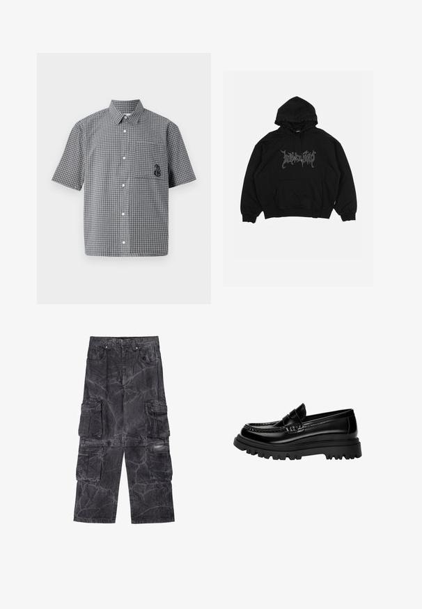 Hanorac negru din bumbac, cu un buzunar frontal, glugă cu șnur și un logo grafic pe piept. Design lejer, cu manșete ribbate.; Cămașă cu mânecă scurtă, cu nasturi, în carouri alb-negru, cu buzunar la piept și detaliu brodat sub formă de cal marin. Material din bumbac.; Pantaloni cargo din denim gri închis cu o textură marmorizată. Prezentăm multiple buzunare laterale și cusături în contrast. Design cu picioare largi.; Loafers din piele lăcuită neagră, cu o curea texturată, având o talpă din cauciuc negru masiv, cu caneluri adânci și un design clasic de mocasin.