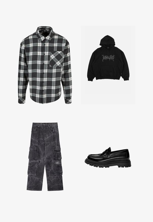 Svart hoodie i bomull med en framficka, dragsko i huvan och en grafisk logotyp på bröstet. Löst sittande design med ribbade ärmslut.; Rutigt skjorta i svart, grått och vitt. Tillverkad av flanell, med knäppning fram, spetsig krage och en bröstficka med matchande mönster.; Cargo-byxor i mörkgrå denim med en marmorerad textur. Har flera sidofickor och kontrasterande stygn. Vid design.; Svarta glänsande läderskor med en strukturerad rem, som har en kraftig svart gummisula med djupa mönster och en klassisk mockasin-design.