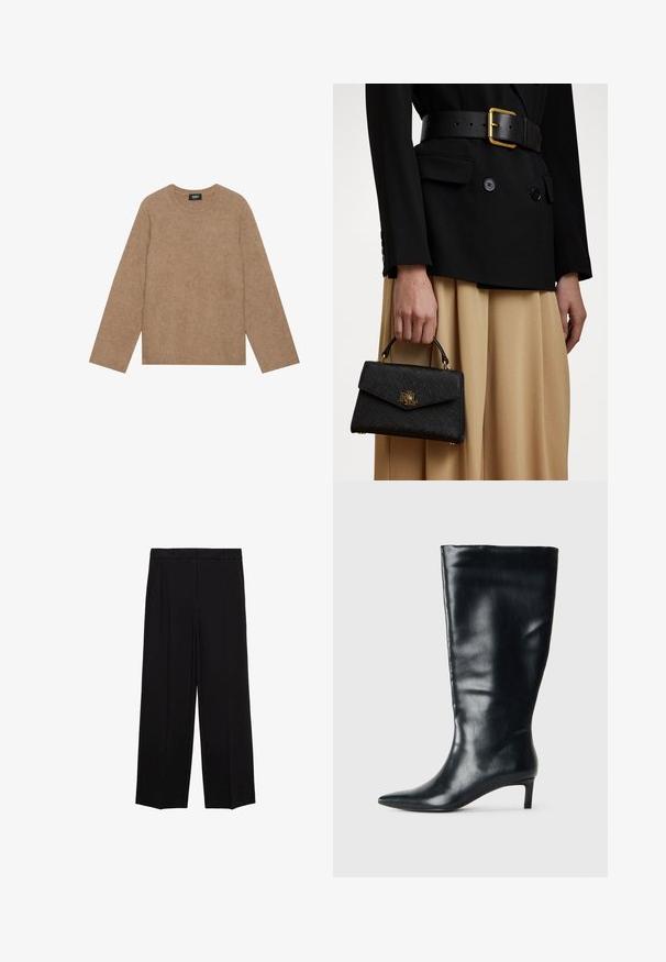 Pulover tricotat maro cu guler rotund, mâneci lungi și o textură moale. Design simplu, fără modele sau embellismente.; Pantaloni negri cu croială largă dintr-un material neted, cu pliseuri în față și buzunare laterale, concepuți cu o croială dreaptă și relaxată.; Botă din piele neagră, până la genunchi, cu vârf ascuțit și toc mic, pe un fundal simplu deschis.; Geantă de umăr structurat neagră, cu un finisaj texturat, accesorii aurii și mâner superior. Pur tată cu un sacou negru și o fustă bej.