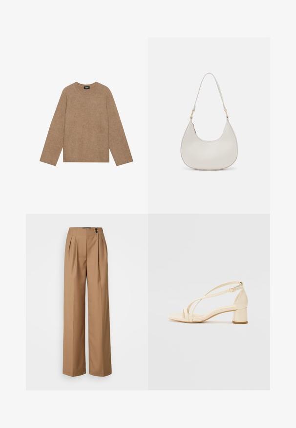 Brūns adīts džemperis ar apaļu kakla izgriezumu, garām piedurknēm un mīkstu tekstūru. Vienkāršs dizains, bez rakstiem vai rotājumiem.; Beige pielētas bikses ar augstu jostasvietu, platām kājām, priekšējām krokām un dubulto pogu aizdari. Izgatavotas no gludas auduma ar strukturētu dizainu.; Beige augstiem papēžiem ar bloku, ar siksniņu dizainu un regulējamu potītes siksniņu, izgatavoti no gludas sintētiskas materiāla ar matētu apdari.; Krems krāsas ādas plecu soma ar pusmēness formas siluetu, plānu siksniņu un smalku šuvju detaļām. Minimālistisks dizains ar zelta toni aparatūras akcentiem.
