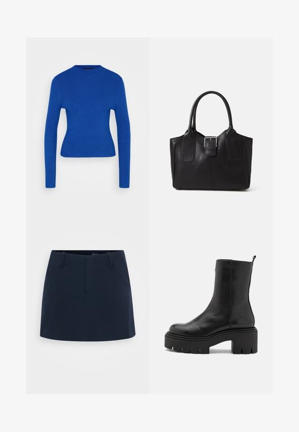 Tajtat långärmad blå ribbad trikåtröja med hög rund halsringning på en enfärgad ljus bakgrund.; Marinblå kjol med en åtsittande design, som har en slät front, bälteshällor och inga synliga fickor. Tillverkad av strukturerad tyg.; Svarta läderankelstövlar med en tjock plattformssula, med en slät yta och en ögla baktill för enkel påtagning.; Svart läder tote-väska med slät yta, strukturerad form, två handtag och en framträdande silverfärgad spänne på framsidan.