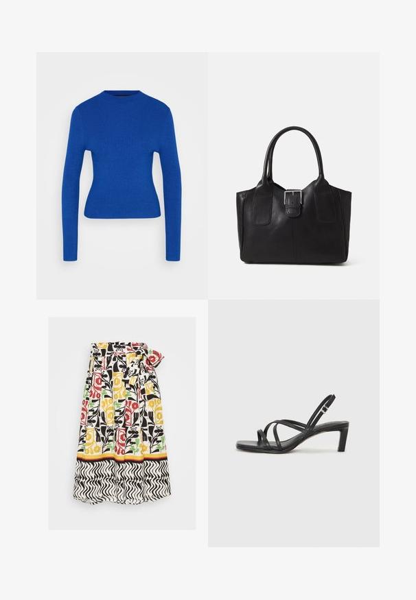 Zilpandukta garā piedurkne zila ribota adījuma džemperis ar augstu apaļu kakla izgriezumu uz vienkārša gaiša fona.; Ziedu raksta svārki ar krokām, kas satur sarkanas, dzeltenas, zaļas un melnas krāsas uz baltas fona. Iekļauts melnbalts viļņots apakšmalas dizains.; Melnas strappy sandales ar kvadrātveida purngaliem un zemu bloku papēdi. Ievērojamas ar vairākiem plāniem siksniņām un regulējamu potītes siksniņu. Izgatavotas no gludas ādas.; Melnas ādas somiņa ar gludu tekstūru, strukturētu formu, divām rokturām un izteiktu sudraba sprādzi priekšpusē.; Sudraba divu joslu gredzens ar gludu, pulētu virsmu. Iezīmējas ar plūstošu, izliekta dizaina struktūru ar pārklājošām sekcijām modernam izskatam.