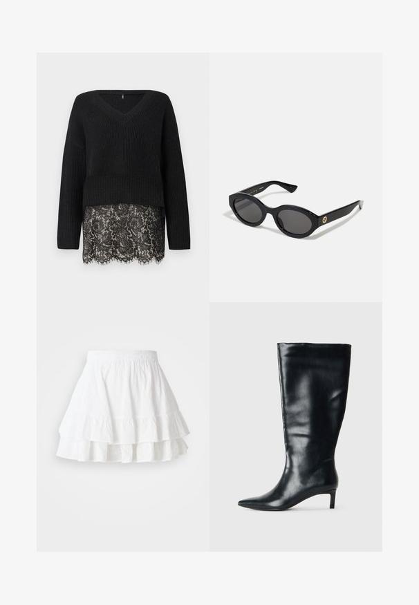Black knitted sweater with a V-neck, featuring long sleeves and a scalloped lace hem. Textured fabric contrasts with smooth lace underneath.; White tiered skirt made of lightweight fabric with eyelet pattern and ruffled hem. Features an elastic waistband for comfort.; Black knee-high leather boot with pointed toe and low kitten heel on plain light background.; Black oval sunglasses with dark lenses and glossy plastic frame. Features gold logo on the temple, offering a sleek and modern design.; Black leather crossbody bag with crocodile texture, gold hardware, and embossed “RL” logo on the front. Zippered closure and small strap.