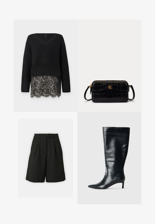 Black knitted sweater with a V-neck, featuring long sleeves and a scalloped lace hem. Textured fabric contrasts with smooth lace underneath.; Vero Moda Tall VMBECCA BERMUDA - Shorts - black; Black knee-high leather boot with pointed toe and low kitten heel on plain light background.; Black leather crossbody bag with crocodile texture, gold hardware, and embossed “RL” logo on the front. Zippered closure and small strap.