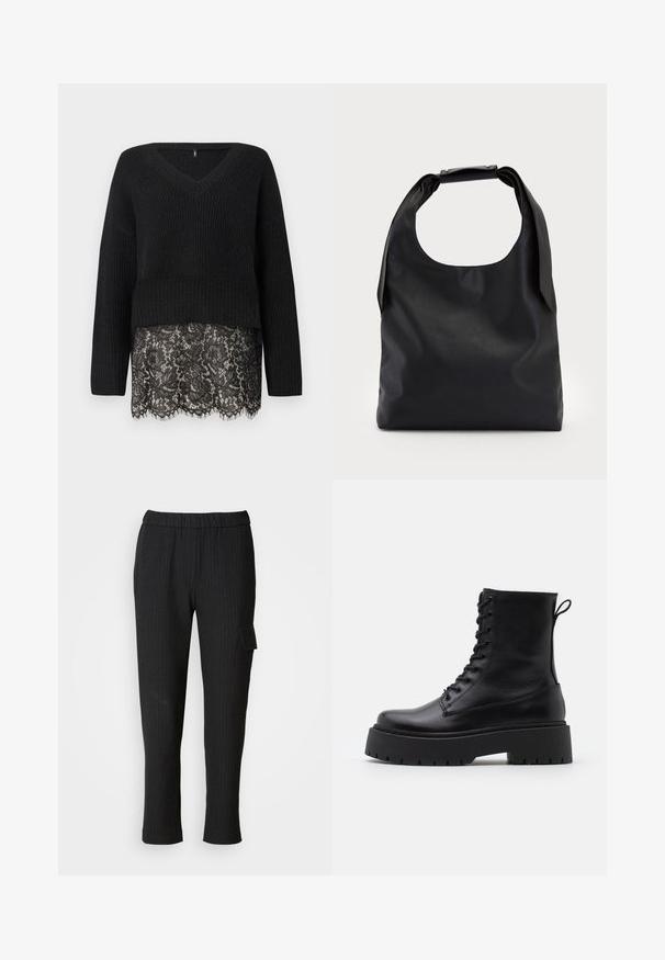 Zwarte gebreide trui met een V-hals, met lange mouwen en een gegolfde kantmanchet. De textuur van de stof contrasteert met de gladde kant eronder.; Zwarte broek met fijne strepen, een elastische tailleband en een recht model. Heeft een zijzak met klep en is gemaakt van een gladde stof.; Zwarte leren enkelboots met een ronde neus, vetersluiting aan de voorkant en een dikke rubberen zool met een gestructureerd profiel. Trekbandje aan de achterkant.; Zwarte leren hobo-tas met een enkele, zachte, afgeronde handgreep; heeft een gladde textuur en een minimalistisch ontwerp. Geen zichtbare hardware of accenten.; Zilveren hoepel oorbellen met een minimalistisch ontwerp. Cirkelvormig, gladde textuur en dun profiel. Lichtgewicht met een gepolijste afwerking.
