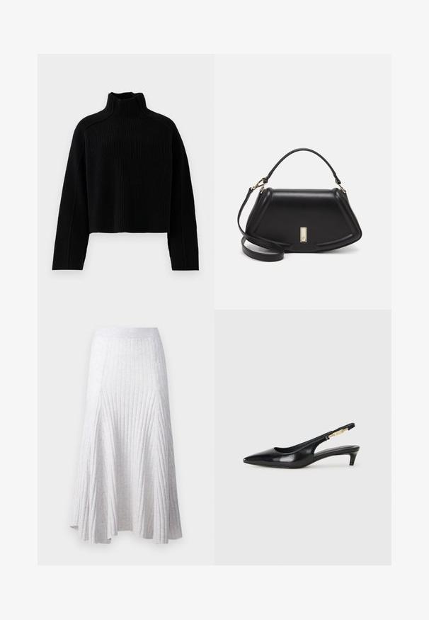 Mustakoristeinen ribbiknitti neule, jossa on korkea kaulus ja lyhyt malli, pitkät hihat ja teksturoitu pinta.; pure cashmere FLARED SKIRT - A-linjainen hame - light grey; Mustat nahkaiset slingback-korkokengät, joissa on terävä kärki, ohuet korot ja kultasävytteinen yksityiskohta säädettävässä hihnassa. Silkkinen pinta.; Mustalla nahkalaukulla, jossa on jämäkkä muotoilu, lyhyt malli, yläkahva ja kultaiset yksityiskohdat. Säädettävä olkahihna sisältyy.