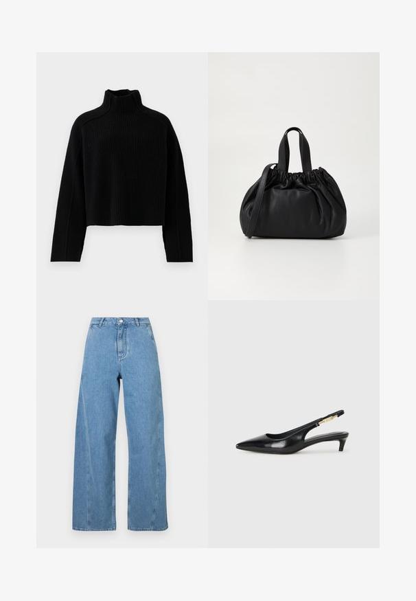 Crni rebrasti pleteni džemper s visokim izrezom i skraćenim dizajnom, s dugim rukavima i teksturiranim završetkom.; Svijetloplave široke traperice, izrađene od denima, s visokim strukom, ravnim krojem i kontrastnim šavovima.; Crne kožne sandale s petom, s izduženim vrhom, imaju usku petu i zlatni akcent na podesivoj traci. Glatka tekstura.; Crna kožna torba s nabranim dizajnom na vrhu, s dva kratka ručka i dugim podesivim remenom. Glatka tekstura, zaobljen oblik.