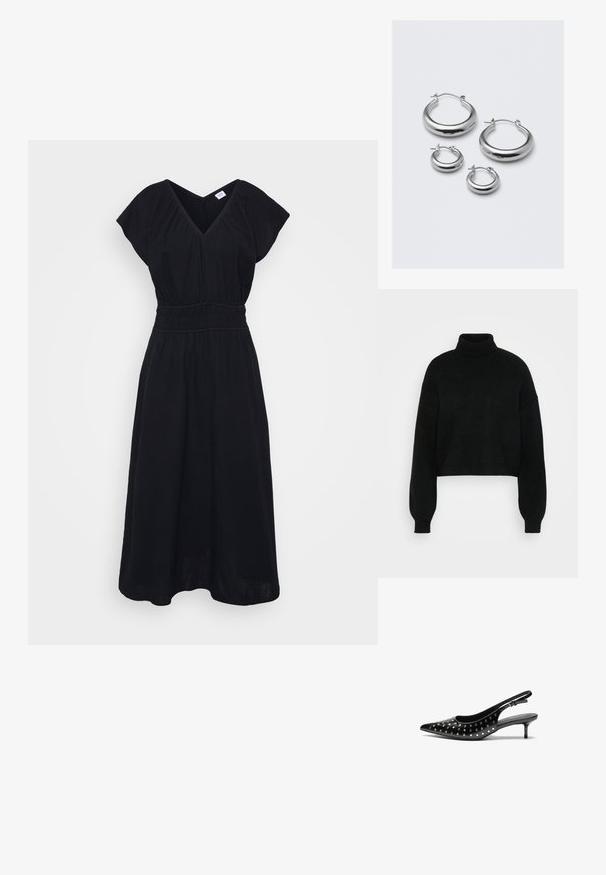 Svart cropped genser med høy krage, ribbestruktur og vide ermer. Laget av mykt strikket materiale. Enkelt design uten mønstre.; Svart V-hals kjole med korte ermer, samlet midje og flytende skjørt. Laget av lett stoff med en teksturert overflate.; Sorte skinnslenkel høye hæler med spiss tå og liten hæl. Dekorert med metalliske nagler langs overdelen for ekstra tekstur.; Fire par med sølv hoops i forskjellige størrelser: store glatte sirkler og mindre avrundede stiler med en polert finish og enkle låser.