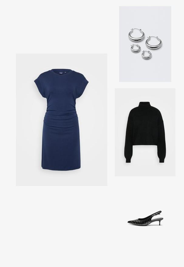 Mustat lyhyet neuleet korkealla kauluksella, ribbed rakenne ja leveät hihat. Valmistettu pehmeästä neulemateriaalista. Yksinkertainen muotoilu ilman kuvioita.; Laivansinis mekko, joka on valmistettu pehmeästä kankaasta, sisältää lyhyet hihat, pyöreän pääntien, kerroksittain ommeltuja sivuyksityiskohtia ja tiukasti istuvan siluetin.; Mustat nahkaiset slingback-korkokengät, joissa on teräväkärkinen muoto ja pieni korko. Koristeltu metallisilla niiteillä yläosassa lisätekstuurin luomiseksi.; Neljä paria hopeisia renkaankorvakoruja eri kokoisissa varianteissa: suuria sileitä ympyröitä ja pienempiä pyöristettyjä tyylejä, joilla on kiiltävä pinta ja yksinkertaiset sulkimet.