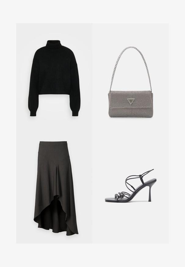 Fekete, rövidített pulóver magas garbós nyakkal, bordázott textúrával és széles ujjal. Puha kötött anyagból készült. Egyszerű, mintás design nélkül.; Sötét szürke, magas derekú szoknya aszimmetrikus aljjal. Simma anyagból készült, ami finom textúrával és letisztult sziluettel rendelkezik. Cipzáras záródás.; Fekete magas sarkú szandálok vékony pántokkal, csomózott mintával, sima négyzetes orral és karcsú stiletto sarkal rendelkeznek.; Világosszürke fémes kézitáska lánc pánttal, kis kör alakú fém kifinomult díszítéssel és háromszög alakú márkagéppel.; Ezüst karika fülbevalók sima, fényes felülettel. Lekerekített forma, könnyű kialakítással, tűs zárómechanizmussal.