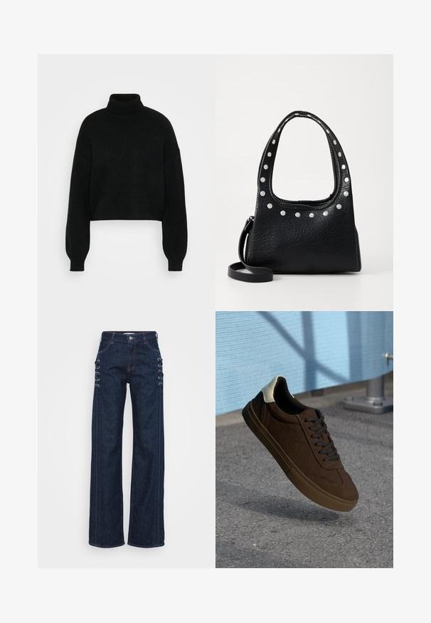 Svart kort tröja med hög polokrage, ribbat mönster och vida ärmar. Tillverkad av mjukt stickat material. Enkelt design utan mönster.; Mörkblå denim byxor med vida ben som har snörningsdetaljer på sidorna, kontrasterande orange sömmar och en klassisk femfickdesign.; Bruna mocka låga sneakers med svarta snören, med en vit hälkappa och texturerade sömdetaljer. Gummisula.; Svart strukturerad läderväska med silverfärgade nitar längs den övre kanten och handtagen, med ett kort handtag och ett avtagbart band.; Fyra par silverörhängen i olika storlekar: stora släta cirklar och mindre rundade stilar med en polerad yta och enkla lås.