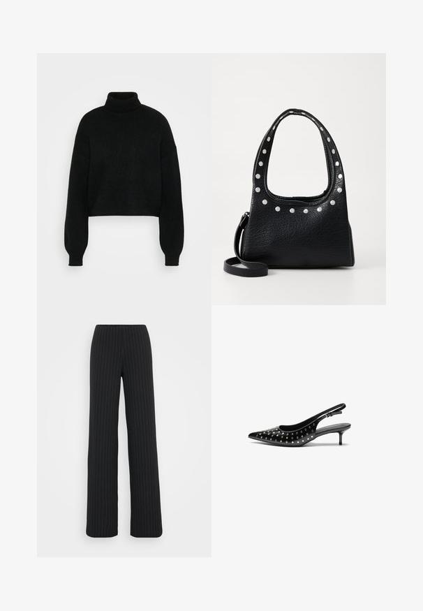 Pull en laine noir court avec col roulé haut, texture côtelée et manches larges. Fabriqué en matière tricot douce. Design simple sans motifs.; Vero Moda Tall VMBERLIN MY WIDE - Pantalon classique - obsidian/oatmeal; Talons aiguilles noires en cuir avec un bout pointu et un petit talon. Décorées de clous métalliques le long du dessus pour une texture supplémentaire.; Sac à main en cuir noir texturé avec des clous argentés le long du bord supérieur et des poignées, doté d'une courte poignée et d'une sangle amovible.