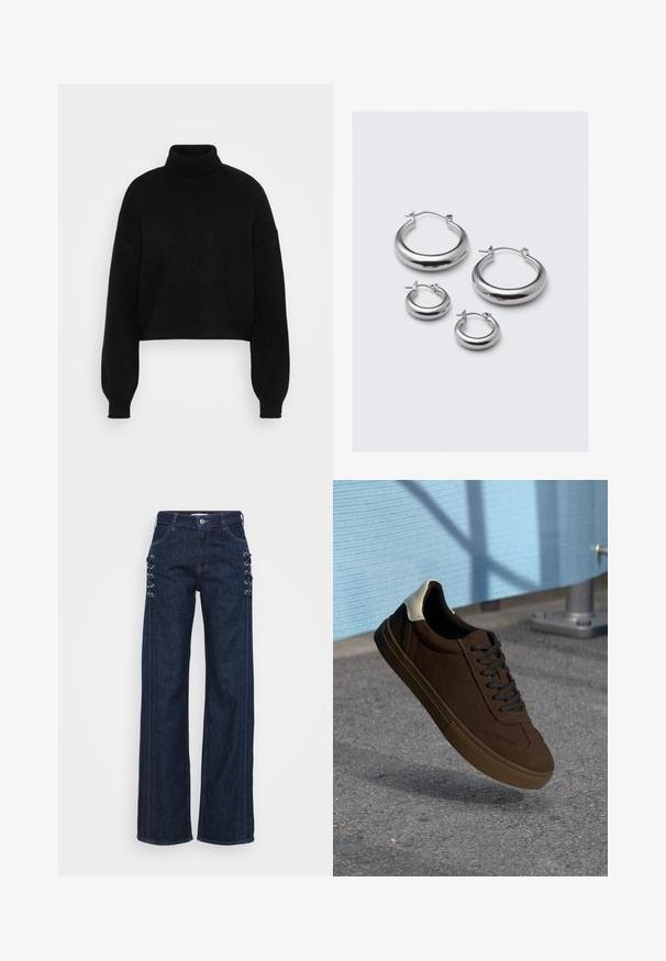 Svart cropped genser med høy krage, ribbestruktur og vide ermer. Laget av mykt strikket materiale. Enkelt design uten mønstre.; Mørkeblå denim vid ben jeans med snøring på sidene, kontrasterende oransje sømmer og en klassisk fem-lomme design.; Brune semskede lavtoppsneakers med sorte snorer, har en hvit hælhette og teksturerte sømdetaljer. Gummisåle.; Fire par med sølv hoops i forskjellige størrelser: store glatte sirkler og mindre avrundede stiler med en polert finish og enkle låser.