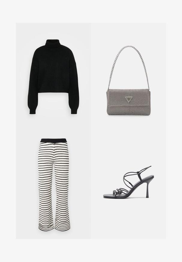 Maglione corto nero con colletto alto, texture a coste e maniche ampie. Realizzato in morbido materiale lavorato a maglia. Design semplice senza motivi.; Pantaloni a gamba larga lavorati a maglia in righe bianche e nere. Presentano una vita a coste e un tessuto testurizzato con un motivo ondulato su tutta la superficie.; Sandali neri con tacco alto presentano sottili cinturini con design annodato, una punta quadrata liscia e un elegante tacco a spillo.; Borsa a mano metallica grigia chiara con tracolla a catena, impreziosita da piccoli chiodi metallici circolari e da un logo triangolare del marchio.; Orecchini a cerchio in argento con una finitura liscia e lucente. Forma arrotondata, design leggero, con chiusura a perno.