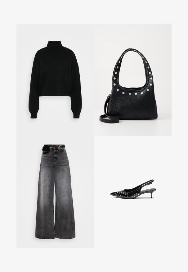 Mustat lyhyet neuleet korkealla kauluksella, ribbed rakenne ja leveät hihat. Valmistettu pehmeästä neulemateriaalista. Yksinkertainen muotoilu ilman kuvioita.; Levelekkäiset farkut haalistuneessa mustassa denimmateriaalissa, joissa on korkea vyötärö ja koristeellinen musta kukkaketju vyötäröllä.; Mustat nahkaiset slingback-korkokengät, joissa on teräväkärkinen muoto ja pieni korko. Koristeltu metallisilla niiteillä yläosassa lisätekstuurin luomiseksi.; Musta teksturoitu nahkalaukku hopeasomisteilla yläreunassa ja kahvoissa, jossa on lyhyt kahva ja irrotettava olkahihna.