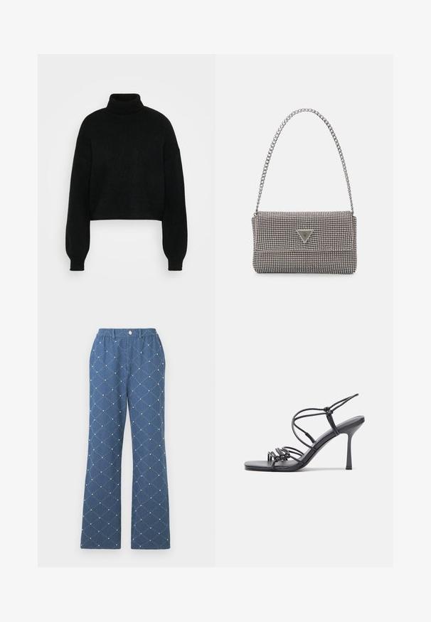 Melna krītoša džemperis ar augstu kaklaskarīti, ribotu tekstūru un platām piedurknēm. Izgatavots no mīksta dzijas materiāla. Vienkāršs dizains bez rakstiem.; Zilā rakstaino bikses ar dimanta formas quilted dizainu, rotātas ar mazām dekoratīvām pērlītēm, ar elastīgu jostu un pogu aizdari.; Melnas augstpapēžu sandales ar plāniem siksniņām un mezgla dizainu, gluda kvadrātveida purngalu un elegantu stiletto papēdi.; Gaiši pelēka metāla rokassoma ar ķēdes siksnu, rotāta ar mazām apaļām metāla kniedēm un trīsstūra zīmola logo.; Sudraba riņķveida auskari ar gludu, spīdīgu apdari. Apaļas formas, viegla dizaina, ar aizdari uz stieples.