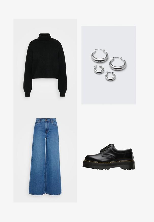 Svart kort tröja med hög polokrage, ribbat mönster och vida ärmar. Tillverkad av mjukt stickat material. Enkelt design utan mönster.; Breda jeans i en mellanmörk tvättad denim. Hög midja med knäppning, med fram- och bakfickor. Ren fåll utan utsmyckningar.; Svart läder snörskor med en tjock, sågad svart gummisula och gula stygn längs kanten, med en slät finish.; Fyra par silverörhängen i olika storlekar: stora släta cirklar och mindre rundade stilar med en polerad yta och enkla lås.