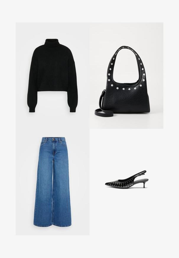 Black cropped sweater with a high turtleneck, ribbed texture, and wide sleeves. Made of soft knit material. Simple design without patterns.; Wide-leg jeans in a medium wash denim. High-rise waist with a button closure, featuring front and back pockets. Clean hem with no embellishments.; Black leather slingback heels with a pointed toe and small heel. Decorated with metallic studs along the upper for added texture.; Black textured leather handbag with silver studs along the top edge and handles, featuring a short handle and a detachable strap.; Four pairs of silver hoop earrings in varying sizes: large smooth circles and smaller rounded styles with a polished finish and simple clasps.