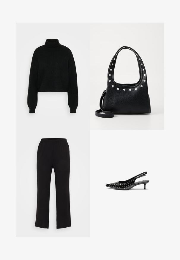 Črn skrajšan pulover z visokim ovratnikom, rebrasto teksturo in širokimi rokavi. Narejen iz mehkega pletenega materiala. Enostaven dizajn brez vzorcev.; Črne, lahke hlače z elastičnim pasom in ravnim krojem. Gladka tekstura, brez vidnih vzorcev ali kovinskih detajlov.; Črne usnjene slingback pete z ostrim nosom in majhnim peto. Okrašene z kovinskimi žebljički ob zgornjem delu za dodaten tekstur.; Črna teksturirana usnjena torbica s srebrnimi žebljički ob zgornjem robu in ročajih, ki ima kratek ročaj in odstranljiv trak.; Štiri pare srebrnih obročastih uhanskih uhani v različnih velikostih: veliki gladki krogi in manjši zaobljeni modeli s poliranim zaključkom ter preprostimi zaponkami.