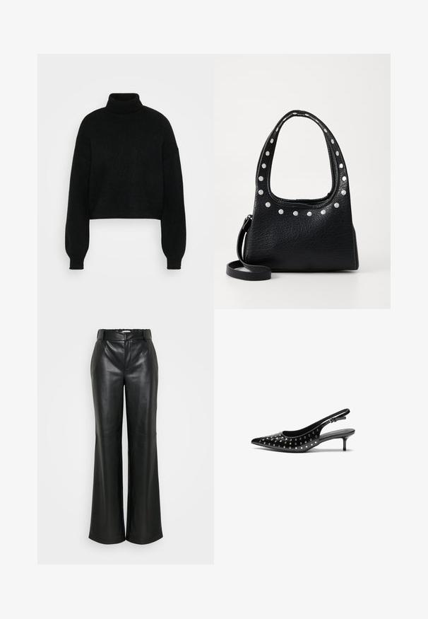 Maglione corto nero con colletto alto, texture a coste e maniche ampie. Realizzato in morbido materiale lavorato a maglia. Design semplice senza motivi.; ONLY Tall ONLSMOOTH WIDE - Pantaloni - black; Tacchi slingback in pelle nera con punta affilata e tacco piccolo. Decorati con borchie metalliche lungo la tomaia per aggiungere textura.; Borsa a tracolla in pelle nera texture, con borchie argentate lungo il bordo superiore e le maniglie, dotata di un manico corto e di una tracolla removibile.