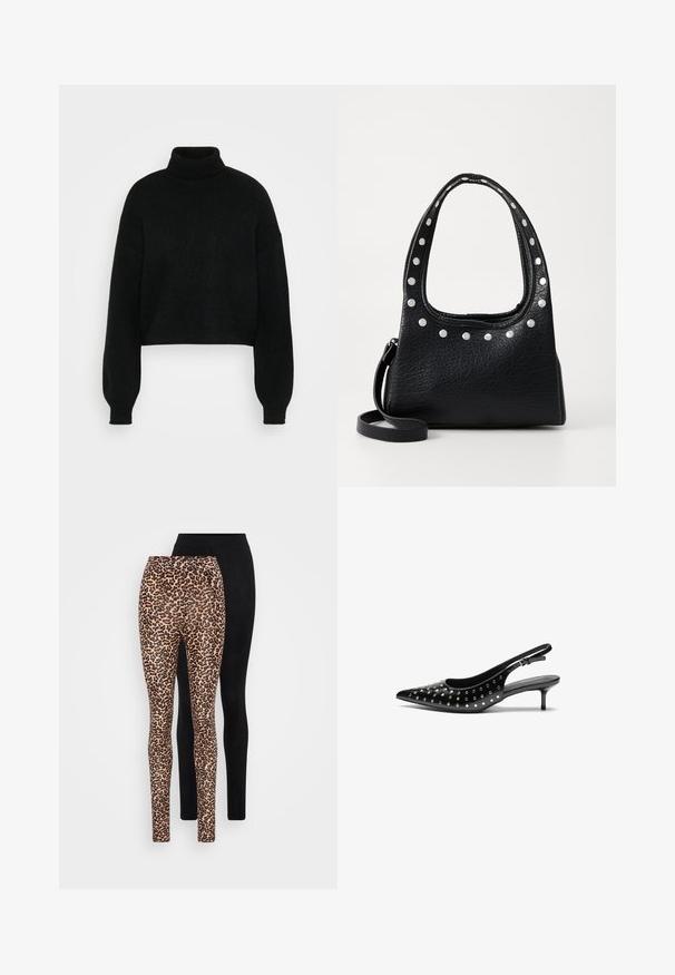 Svart kort tröja med hög polokrage, ribbat mönster och vida ärmar. Tillverkad av mjukt stickat material. Enkelt design utan mönster.; Två par leggings: ett i en svart enfärgad färg, det andra med en beige bakgrund och ett svart leopardmönster.; Svarta läder slingback-klackar med spetsig tå och låg klack. Dekorerade med metalliska nitar längs ovandelen för extra textur.; Svart strukturerad läderväska med silverfärgade nitar längs den övre kanten och handtagen, med ett kort handtag och ett avtagbart band.