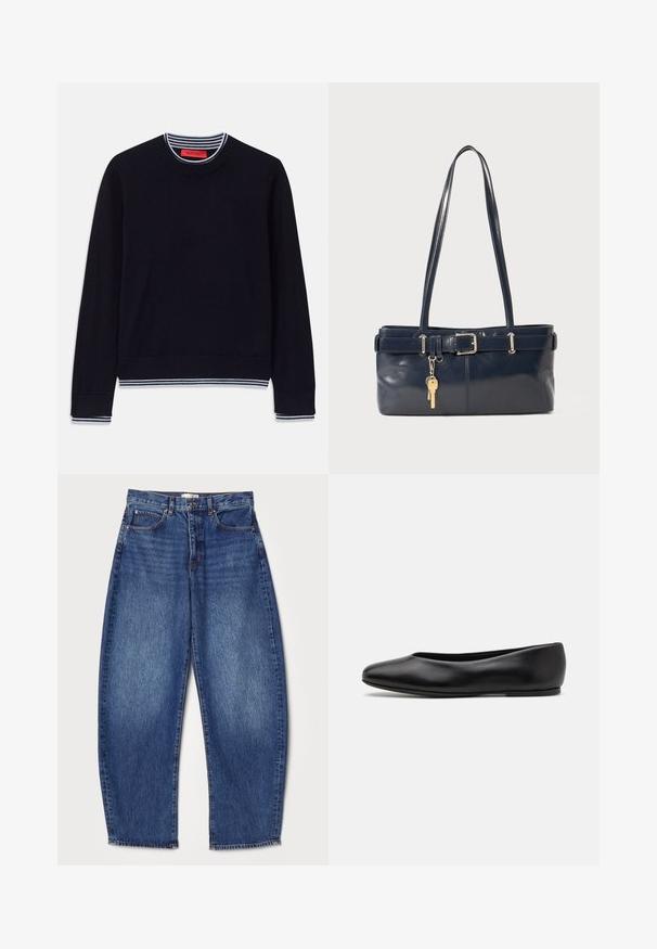 Navy blue sweater with a classic round neckline, striped ribbed cuffs, and hem. Made from soft fabric with a smooth texture.; Denim jeans with a loose fit, mid-rise waist, deep blue color, faded texture, five-pocket design, and straight leg opening.; Paul Smith TOPANGA - Ballet pumps - black; Navy leather handbag with two long handles, a buckle detail, and a keychain attached. Features a smooth texture and a rectangular shape.