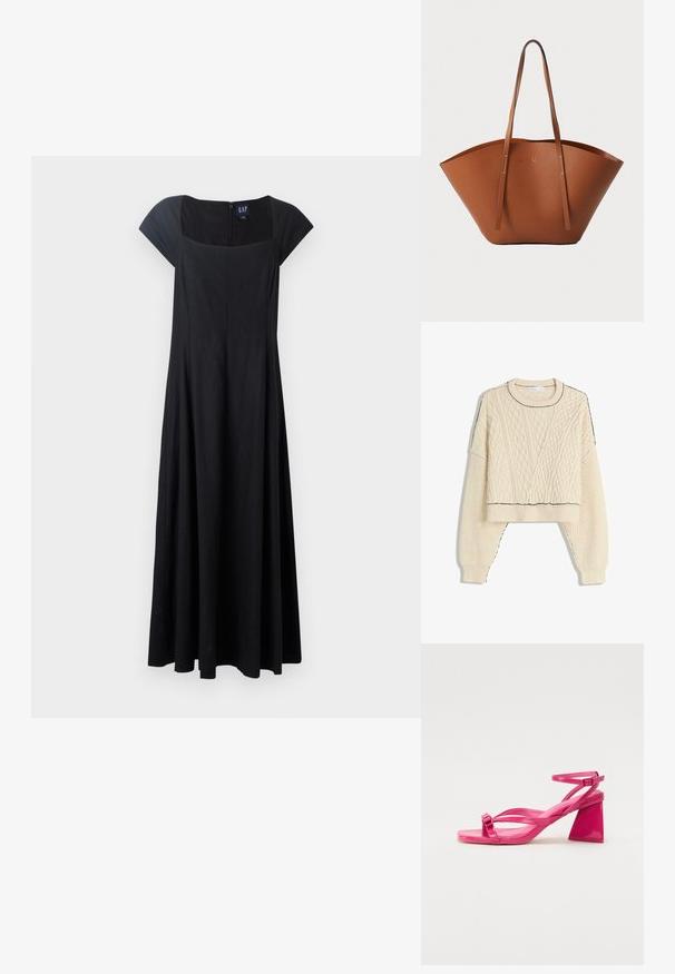 Krém színű, kötött pulóver, amelynek cropped fazonja van, bordás mandzsettákkal és kontrasztos fekete díszítéssel a nyakvonalon és az alján.; Fekete ujjatlan ruha, testhezálló felsőrésszel, bővülő szoknyával és négyzet alakú dekoltázsal. Az anyag simának tűnik, hátul cipzárral záródik.; Rózsaszín lakkbőr magassarkú szandál négyzet alakú orral, keskeny pántokkal és geometrikus tömbsarkakkal. Az pánton csat részlet található.; Barna bőr táska széles, struktúrált formával, vékony fogantyúkkal és texturált felülettel. Minimalista dizájnnal rendelkezik, látható fémrészek nélkül.