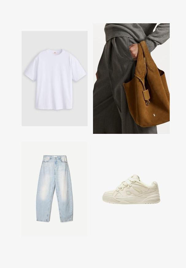 Krém színű, kötött pulóver, amelynek cropped fazonja van, bordás mandzsettákkal és kontrasztos fekete díszítéssel a nyakvonalon és az alján.; Fehér pamut póló rövid ujjakkal, kerek nyakkivágással és laza szabással. Az anyag simának tűnik, látható minták vagy grafikák nélkül.; Világoskék farmernadrág, laza szabással, elhasználódott hatással, két elülső zsebbel és gombos zárással a derékrészen.; Beige sportcipők texturált felsőrészsel, kiemelkedő fűzőkkel, hálós panelek felfogott felsőrészen és vastag talppal. Ívelt dizájn párnázott bokarésszel a kényelem érdekében.; Barna velúr táska lekerekített formával, dupla fogantyúval és fém részlettel. Az elején egy kis logó található.