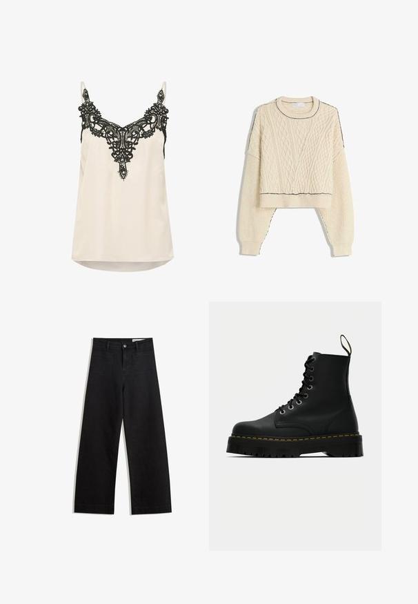 Pulover crem din lână împletit cu model cablu, cu un design scurtat, mansete cu model în relief și o margine neagră contrastantă la gât și la tiv.; Camisola din satin crem cu dantelă neagră intricate în jurul gâtului și bretele subțiri ajustabile. Marginea este ușor rotunjită.; Pantaloni din denim negri cu picioare largi, cu talie înaltă, având buzunare frontale și posterioare, cusături dublate și închidere cu nasture. Textură netedă.; Cizme de gleznă din piele neagră, cu șireturi, având o talpă din cauciuc texturat și un detaliu de cusătură galbenă în jurul platformei.