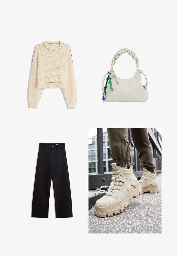 Maglione cremoso a trecce con design cropped, polsini a costine e un contorno nero a contrasto sul collo e sull'orlo.; Pantaloni in denim neri a gamba larga con vita alta, dotati di tasche anteriori e posteriori, cuciture a punto, e chiusura con bottone. Texture liscia.; Sneaker alte beige con suola chunky e testurizzata, design con lacci e etichette di accentuazione gialle. Tomaia in pelle testurizzata con cuciture a contrasto.; Borsa a mano in ecopelle avorio con manico arricciato, tasca con zip e charm verde. Texture liscia, logo in rilievo discreto e design elegante.